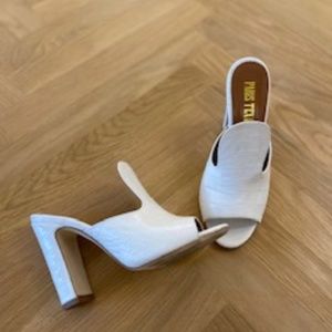 WHITE PARIS TEXAS CROC EMBOSSED MULE SANDALS